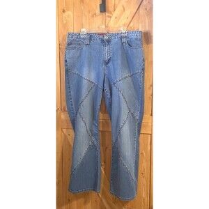 Zana Di Women’s 20 Wide Leg Jeans Blue Leather Look Whipstitch Y2K Western FLAW